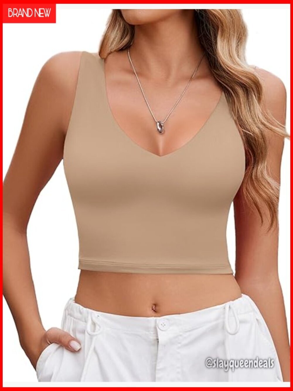 Slim Fit Plunge V-Neck Crop Tank Top, Double-Lined Stretchy Fabric